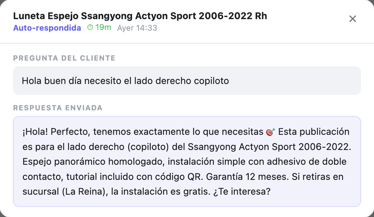 Pregunta real de un comprador en MercadoLibre respondida automáticamente por RespondeSolo en 19 minutos.